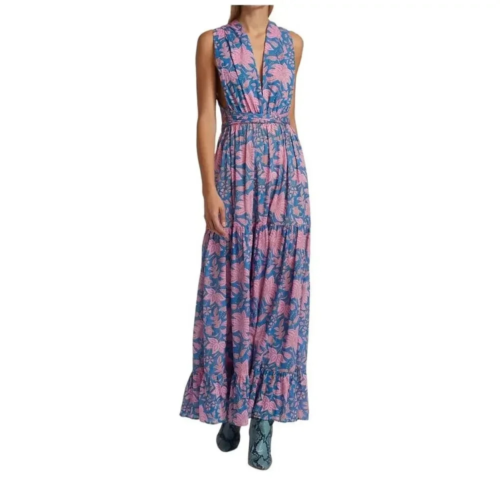 Hannah Artwear Chloe Floral Cross-Back Maxi Dress Halter Ties US Size 4